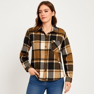SHEIN Brown Plaid Button Up Shirt Long Sleeve Soft Flannel Look Medium